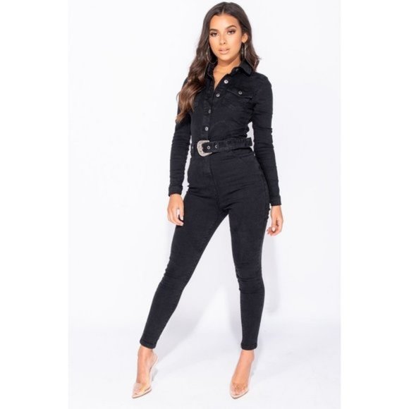 Pants - Black Denim Jeans Long Sleeve Belted Bodycon Jumpsuit Playsuit